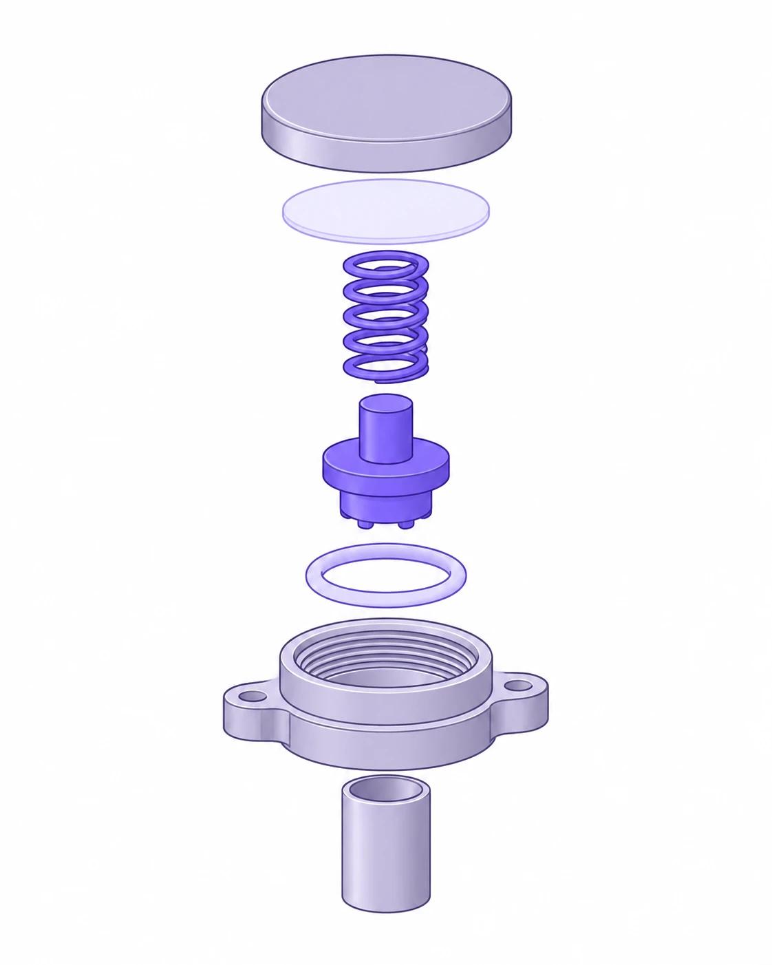 Exploded view of a battery enclosure pressure relief valve, separated along a vertical axis: the valve cap, the ePTFE gas film, the spring, the valve plug, the O-ring seal, the threaded valve seat, and the spring shield below it