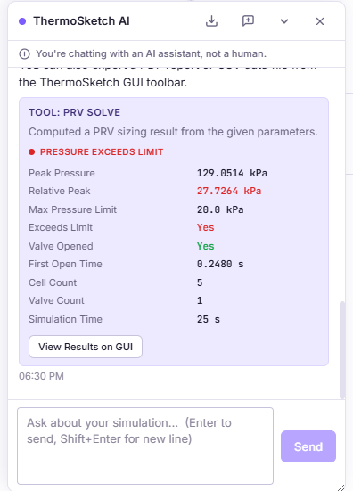 The AI assistant panel showing a solver result card: a red Pressure Exceeds Limit heading above peak pressure, relative peak, the limit it was judged against, whether the valve opened and when, the cell and valve counts, the simulation time, and a View Results on GUI button