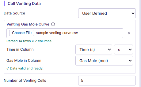 The CSV column mapper after upload, reporting 14 rows and 2 columns parsed, with the time and gas mole columns matched automatically and a data valid and ready confirmation
