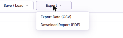 The Export dropdown open, offering Export Data as CSV and Download Report as PDF