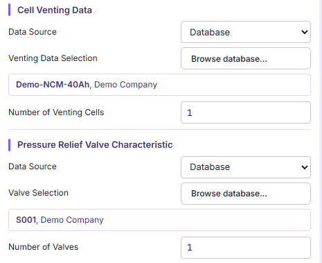 The lower half of the input parameters panel showing cell venting data source and selection, number of venting cells, valve data source and selection, and number of valves