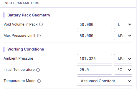 The top of the input parameters panel showing void volume, max pressure limit, ambient pressure, initial temperature, and temperature mode