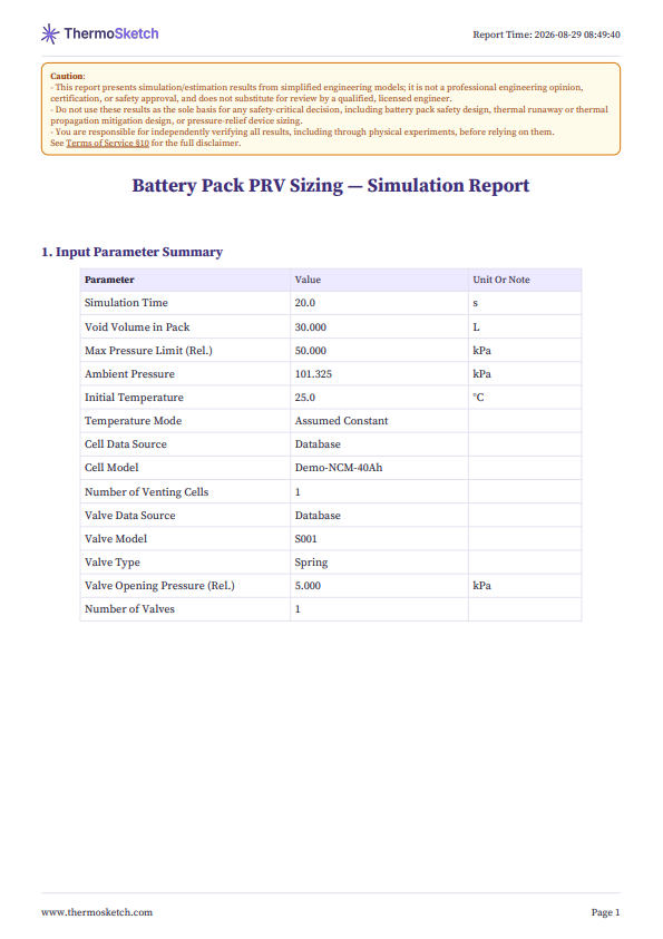 First page of an exported PDF report: the ThermoSketch mark and a report timestamp in the header, a caution panel stating that the results come from simplified engineering models and are not a professional engineering opinion, the report title, and the input parameter summary table listing every input with its value and unit
