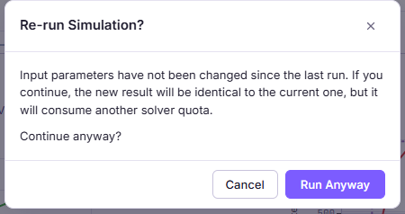 A dialog headed Re-run Simulation, explaining that the inputs have not changed so the result will be identical but will consume another solver quota, with Cancel and Run Anyway buttons