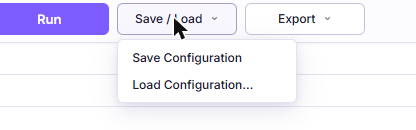 The Save and Load dropdown open, offering Save Configuration and Load Configuration
