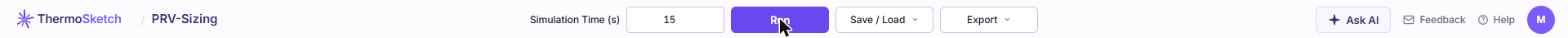 The PRV-Sizing toolbar with simulation time, Run, Save and Load, Export, Ask AI, Feedback, Help, and the account avatar